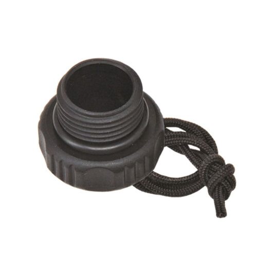 Innovative Scuba Concepts black scuba tank valve cap with threaded design and attached black lanyard cord