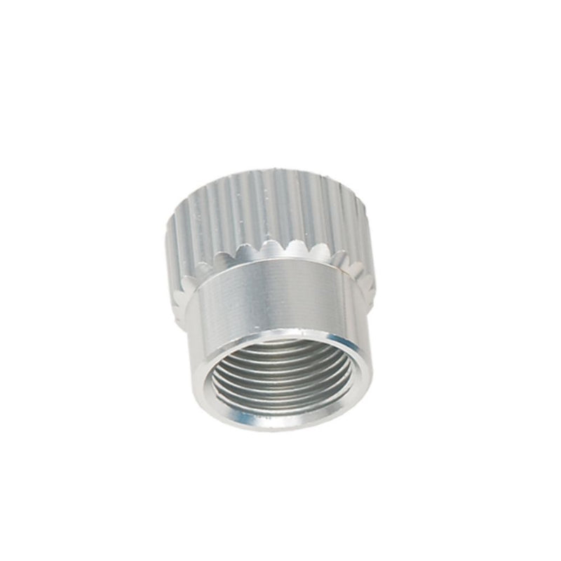 Innovative Scuba Concepts silver aluminum screw-on regulator dust cap with threaded interior and knurled grip edge