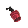 Innovative Scuba Concepts red anodized aluminum regulator dust cap with black retention lanyard and threaded connection