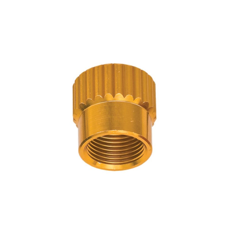 Innovative Scuba Concepts gold anodized aluminum regulator dust cap with knurled outer edge and threaded interior connection