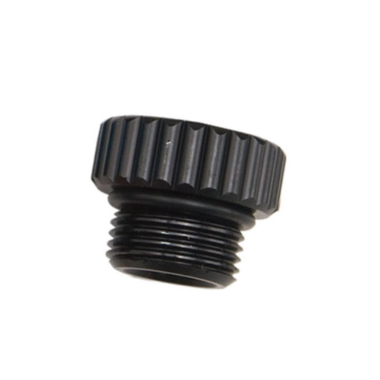 Innovative Scuba Concepts black plastic regulator dust cap with knurled grip surface and male threaded connection