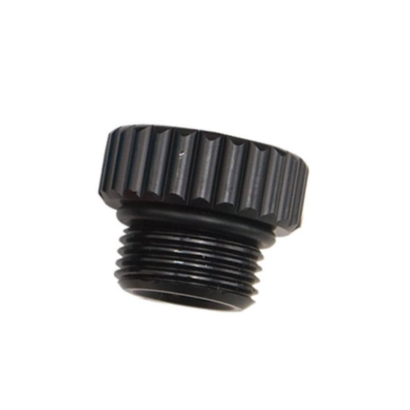 Innovative Scuba Concepts black plastic regulator dust cap with knurled grip surface and male threaded connection