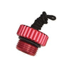 Innovative Scuba Concepts red anodized aluminum regulator dust cap with black retention cord and threaded male connection shown in profile view