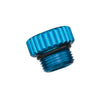 Innovative Scuba Concepts blue anodized aluminum regulator dust cap with black O-ring seal and threaded male connection shown at angle
