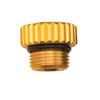 Innovative Scuba Concepts gold anodized aluminum regulator dust cap with black O-ring seal and threaded male connection shown in profile view