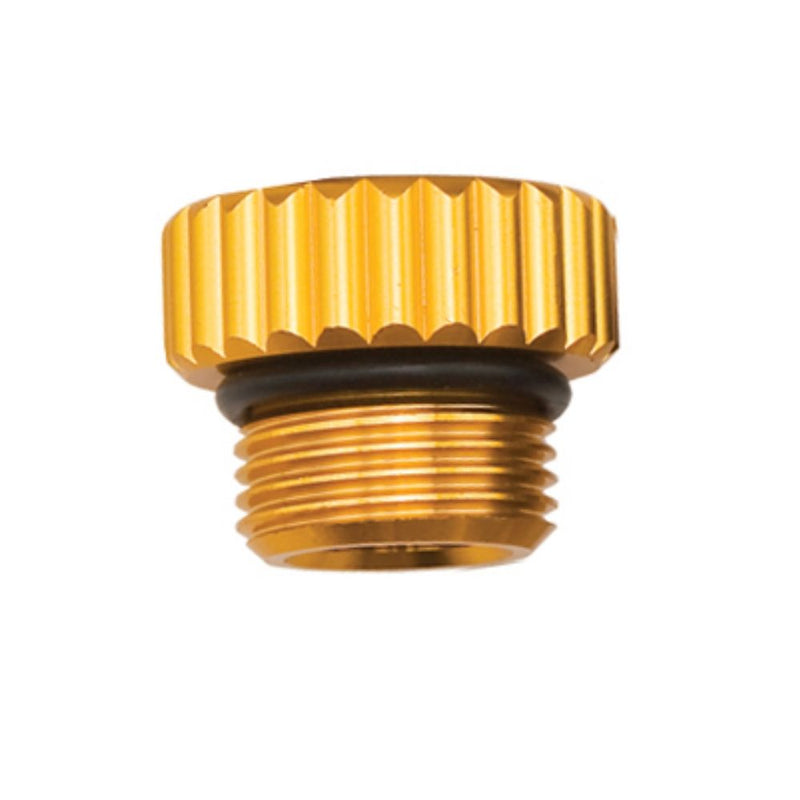 Innovative Scuba Concepts gold anodized aluminum regulator dust cap with black O-ring seal and threaded male connection shown in profile view