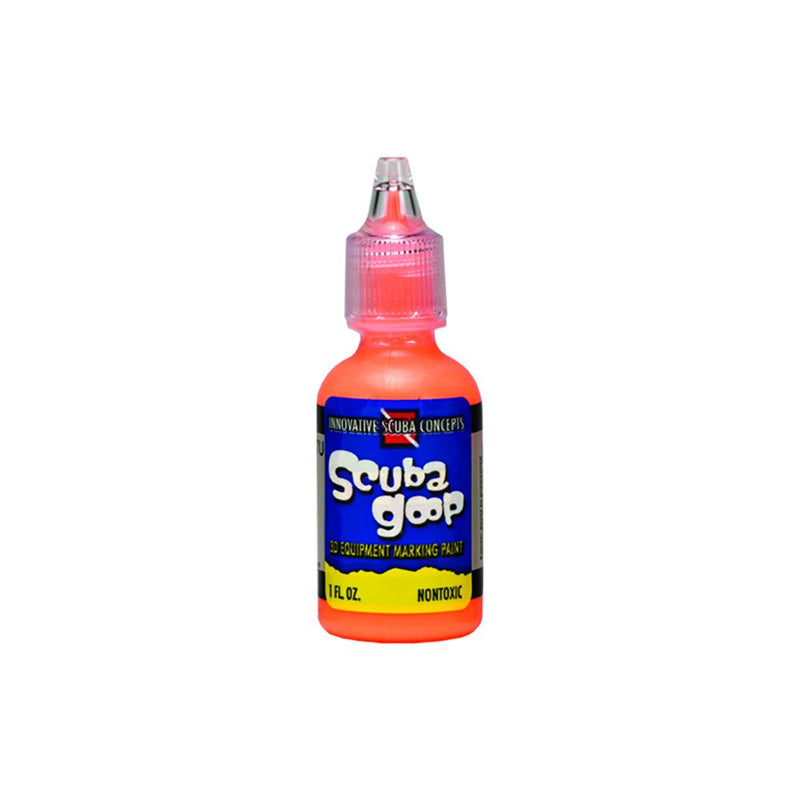 Innovative Scuba Concepts Scuba Goop equipment marking fluid bottle with pink/red cap and pink/red body - 1 fl oz non-toxic