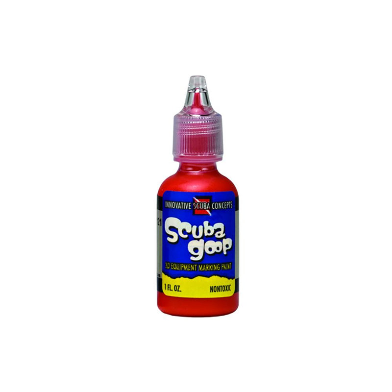 Innovative Scuba Concepts Scuba Goop equipment marking fluid bottle with red cap and red body - 1 fl oz non-toxic
