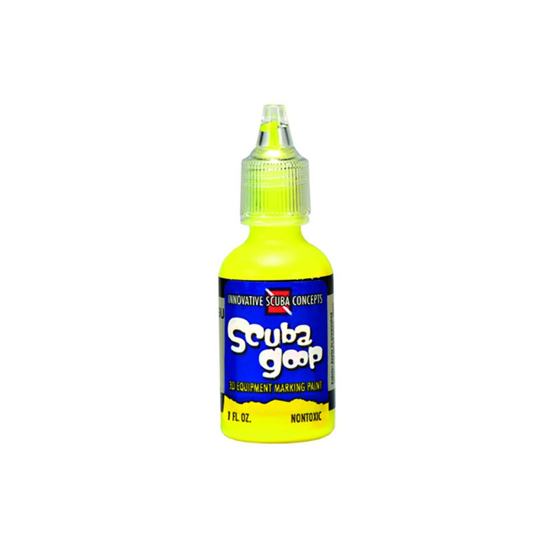 Innovative Scuba Concepts Scuba Goop equipment marking fluid bottle with yellow cap and yellow body - 1 fl oz non-toxic