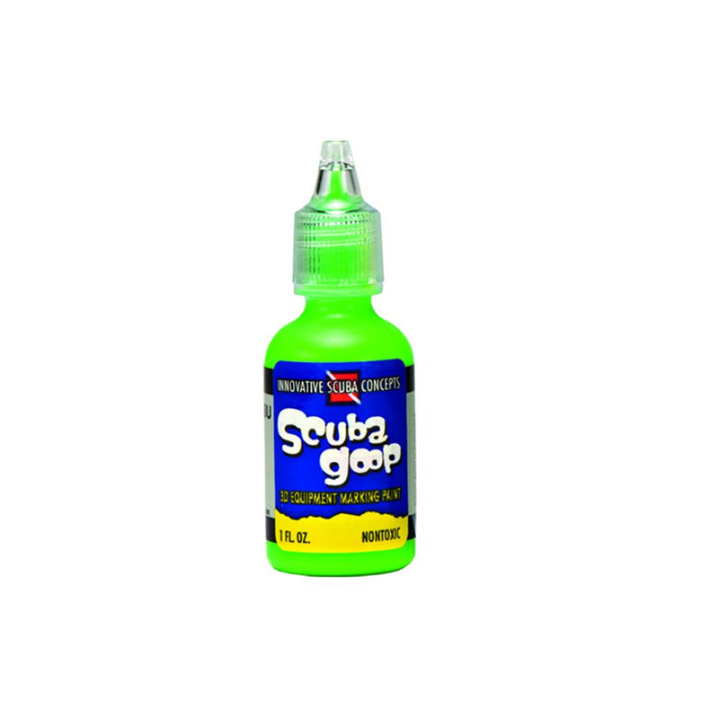 Innovative Scuba Concepts Scuba Goop equipment marking fluid bottle with green cap and green body - 1 fl oz non-toxic