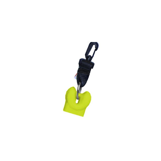 Innovative Scuba Concepts yellow diving accessory retractor with black coiled lanyard and carabiner clip