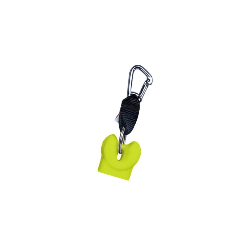Innovative Scuba Concepts yellow diving accessory retractor with black coiled lanyard and carabiner clip attachment