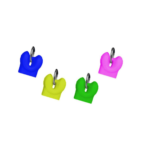 Set of four diving tank markers in blue, magenta, yellow, and green with metal clips - Innovative Scuba Concepts