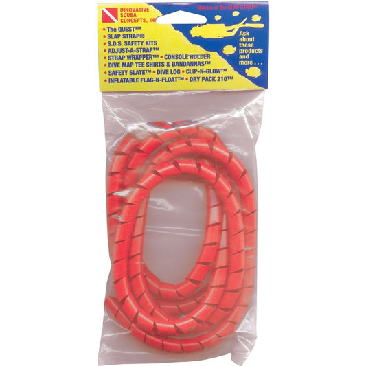 Red spiral dive hose protector in clear packaging with Innovative Scuba Concepts branding