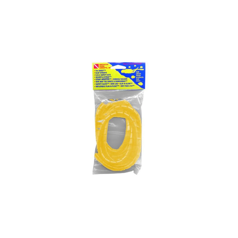 Yellow spiral dive hose protector in clear packaging with Innovative Scuba Concepts branding
