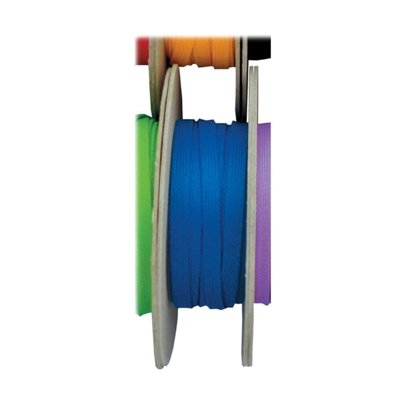 Collection of FlexO hose protection sleeves in multiple colors - green, blue, purple, orange displayed on spools