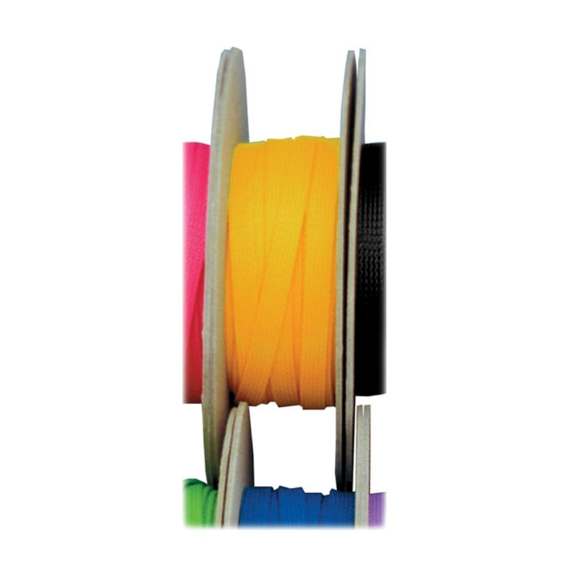 Close-up detail view of FlexO hose protection sleeves showing pink, yellow, and black colors on spools