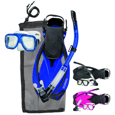 Blue complete snorkeling set with mask, fins, snorkel and mesh storage bag, with pink and black sets shown as options by Innovative Scuba Concepts