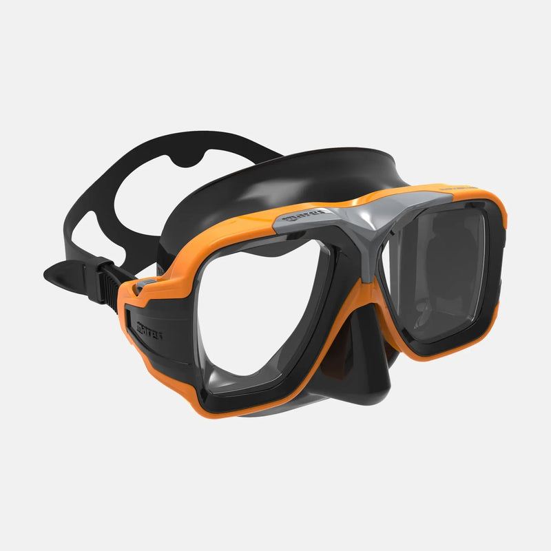 Diving mask with orange frame and black accents on a white background