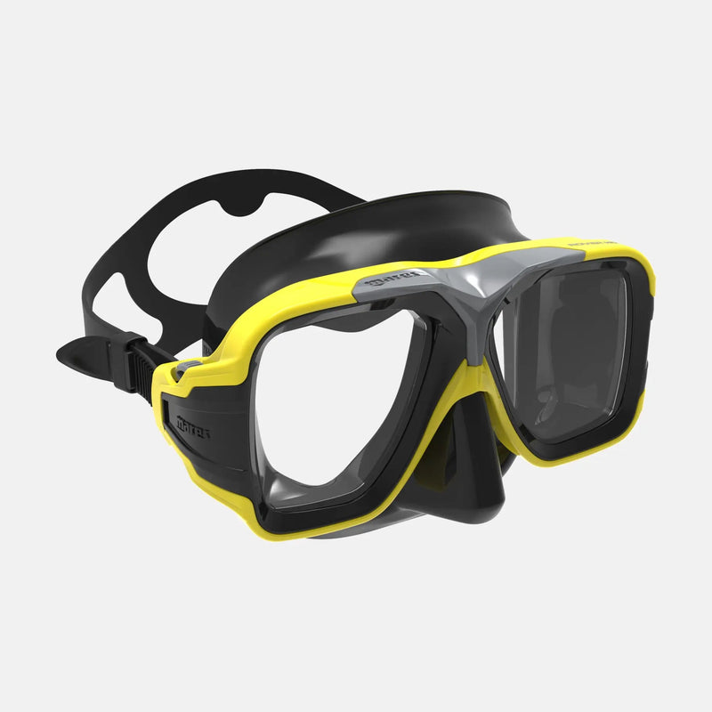 Black and yellow diving mask on a white background