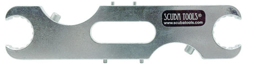 Scuba Tools multi-purpose tank valve wrench - flat steel tool with multiple openings for valve service