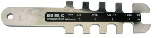 Scuba Tools Inc. stainless steel thread pitch gauge with imperial and metric measurements for identifying valve and fitting threads