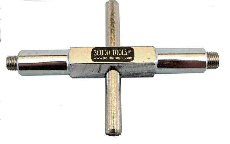 Scuba Tools cross-handle valve tool with chrome finish for removing and installing scuba tank valves