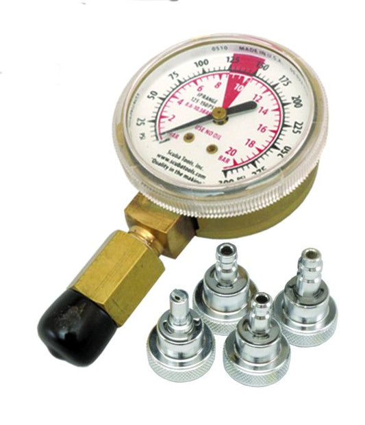 Scuba tank pressure gauge tester with multiple fittings and adapters