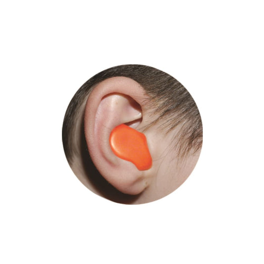 Orange silicone ear plug properly fitted in ear canal for water protection and comfort