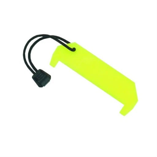 Bright yellow plastic lobster gauge with black cord attachment for scuba diving and underwater measurement