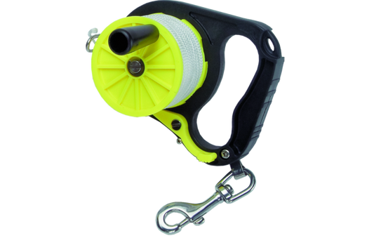 Innovate Scuba Concepts safety reel 150 line with bright yellow spool, black ergonomic handle and metal carabiner