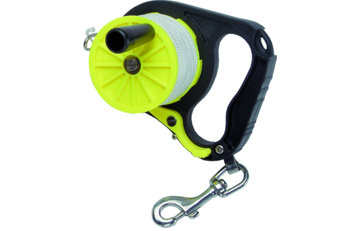Innovate Scuba Concepts safety reel 150 line with bright yellow spool, black ergonomic handle and metal carabiner