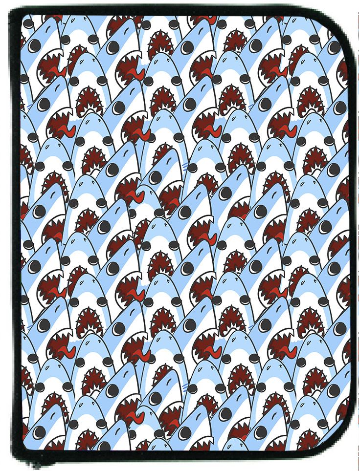 Shark crowd pattern scuba diving log book cover featuring repeating cartoon shark faces on light blue background