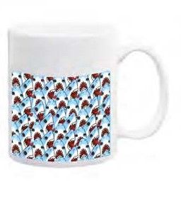 White ceramic mug featuring a pattern of cartoon sharks with open jaws on a light blue background.