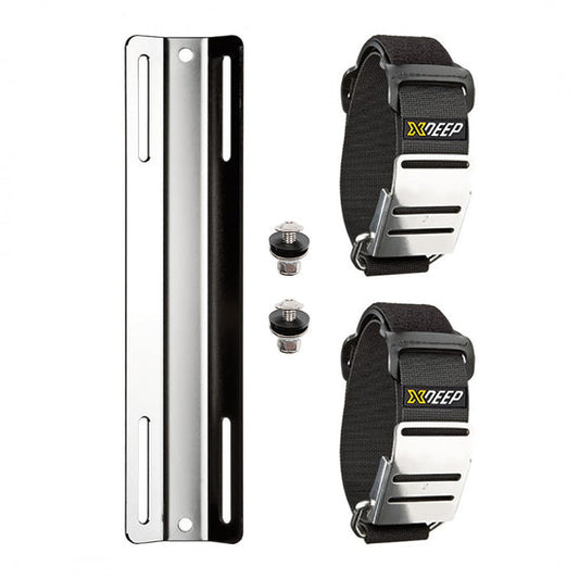 XDEEP Stainless Steel Single Tank Adapter with 2 Stainless Steel Cam Bands – robust steel adapter plate with heavy-duty webbing and stainless cam buckles