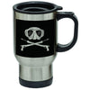 Stainless steel travel mug with black background featuring blue tribal dolphin design - Innovate Scuba Concepts