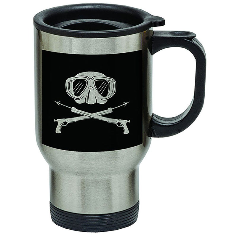Stainless steel travel mug with black background featuring blue tribal dolphin design - Innovate Scuba Concepts