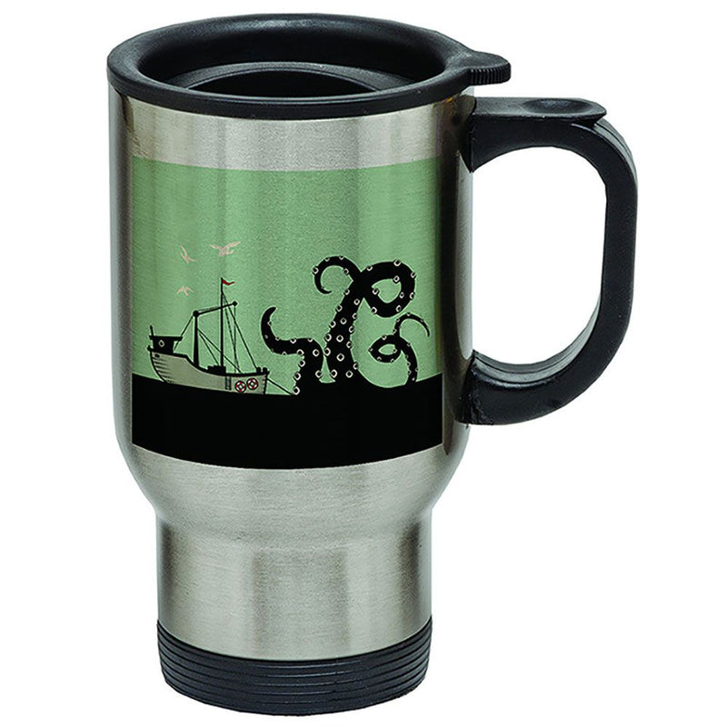 Stainless steel travel mug with black background featuring green tribal sea turtle design - Innovate Scuba Concepts