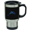 Stainless steel travel mug with blue background featuring black octopus with diving helmet design - Innovate Scuba Concepts