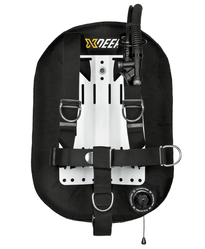 XDEEP ZEOS Standard – angled front view with full harness, inflator hose, and 5 D-ring webbing system