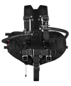 XDEEP STEALTH 2.0 Classic redundant bladder sidemount setup with harness, spine weight pocket, and rigging hardware, rear view.