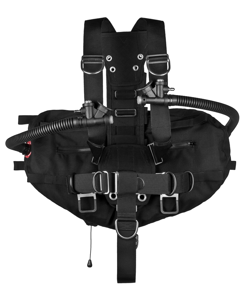 XDEEP STEALTH 2.0 Classic redundant bladder sidemount setup with harness, spine weight pocket, and rigging hardware, rear view.