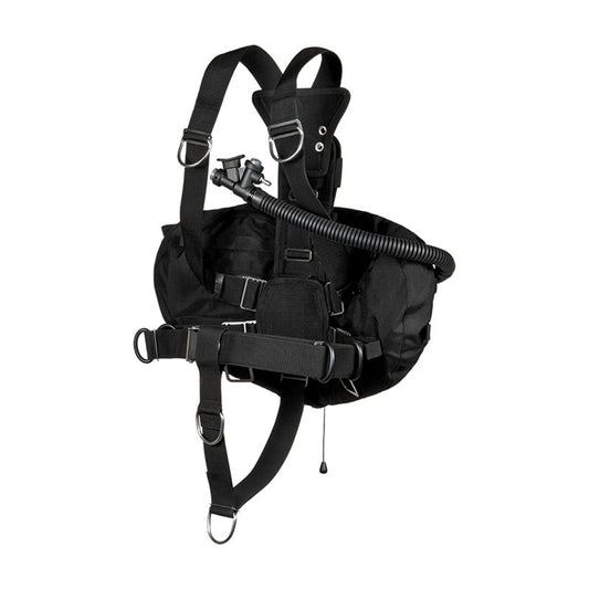 XDEEP STEALTH 2.0 Classic full sidemount setup with harness, BC, spine weight pocket, and bungee system, rear view.