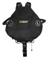 XDEEP STEALTH 2.0 Rec redundant bladder sidemount setup with harness, spine weight pocket, and rigging hardware, rear view.