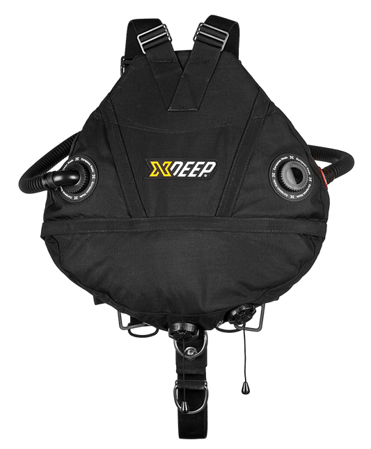 XDEEP STEALTH 2.0 Rec redundant bladder sidemount setup with harness, spine weight pocket, and rigging hardware, rear view.