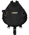 XDEEP STEALTH 2.0 Rec sidemount setup with harness, spine weight pocket, and rigging hardware, rear view.