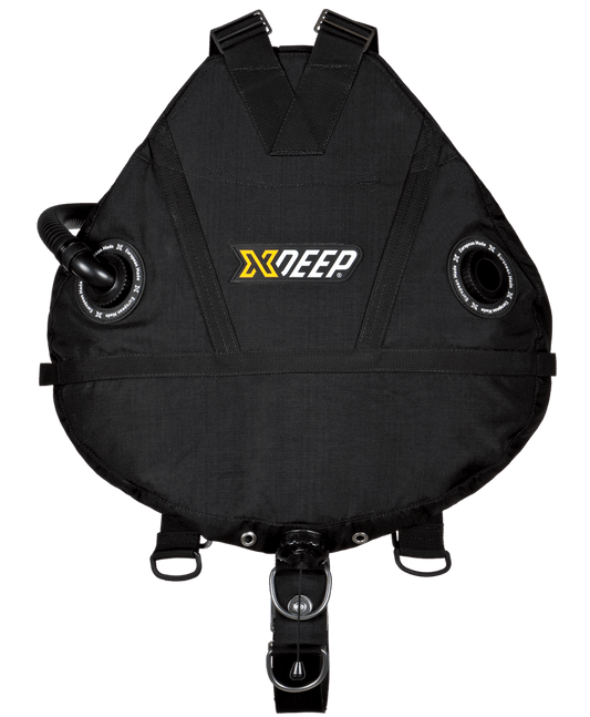 XDEEP STEALTH 2.0 Rec sidemount setup with harness, spine weight pocket, and rigging hardware, rear view.