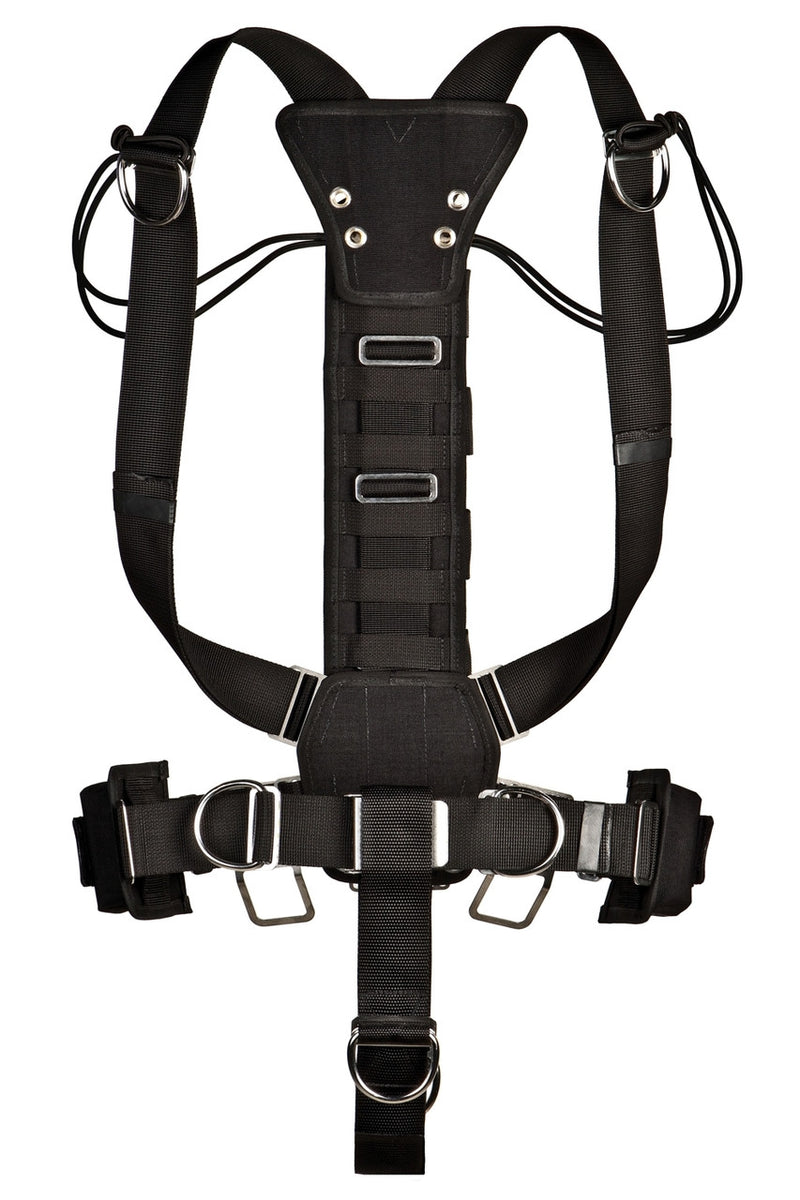 XDEEP STEALTH 2.0 sidemount harness with central weight pocket, no side trim pockets, rear view.