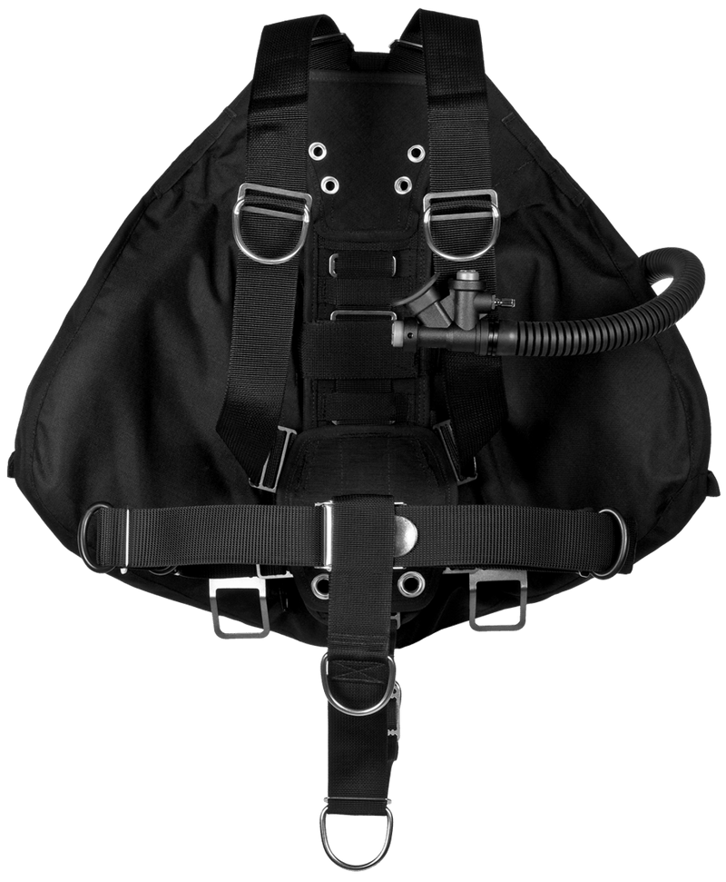 XDEEP STEALTH 2.0 Tec redundant bladder sidemount setup with harness, spine weight pocket, and rigging hardware, rear view.
