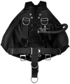 XDEEP STEALTH 2.0 Tec redundant bladder sidemount setup with harness, spine weight pocket, and rigging hardware, rear view.